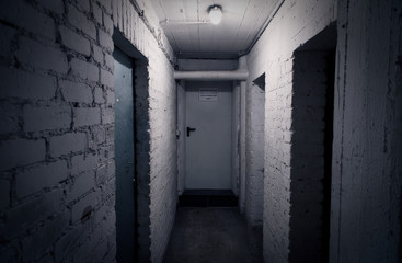 Cellar with a padlock and a cellar door in a tenement with a light switch in violet optics