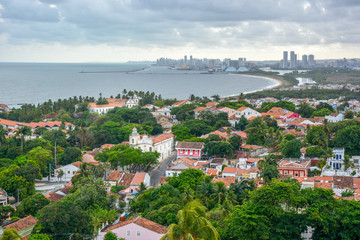 Beautiful aerial view of  buildings and beach view of Olinda and Recife in Pernambuco, Brazil