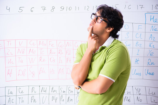 Young male student chemist in front of periodic table 