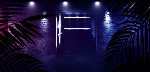 The background is an empty corridor. Tropical leaves in a dark room. Brick walls, neon rays and glov. 3D rendering