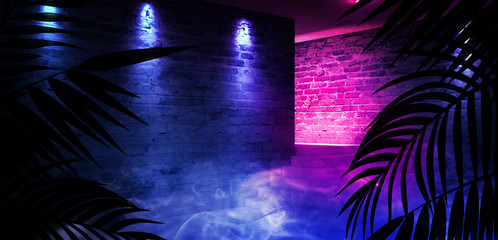 The background is an empty corridor. Tropical leaves in a dark room. Brick walls, neon rays and glov. 3D rendering