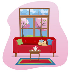 Modern flat design concept Living room interior in color spot on white background. Red sofa with table,carpet, in room with large window. Outside spring nature with blossom trees. Flat cartoon vector