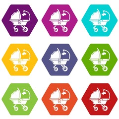 Baby carriage cute icons 9 set coloful isolated on white for web