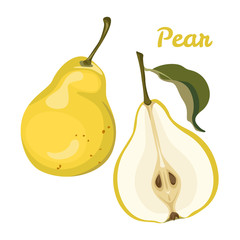 Vector yellow pear with green leaf and seeds isolated on white background. Whole and cut. Illustration of ripe fruit in flat style.