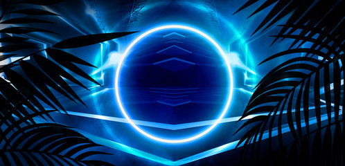 Neon, empty stage, wall, background with bright lighting, night city, night view. Tropical leaves.