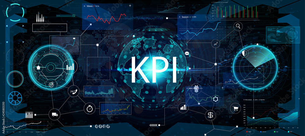 Poster Key Performance Indicator (KPI) and business analytics (BA), metrics to measure achievement versus planned target on an automated marketing dashboard, person touching screen icon, success. Vector