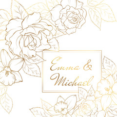 Fototapeta na wymiar Narcissus daffodil rose flowers corner frame decoration. Wedding marriage event invitation card template.