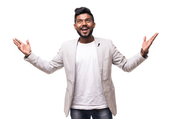 Yes, he did it. Portrait of hipster indian bearded man raised hands isolated on white background