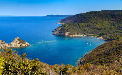 Fototapeta premium Aerial view of mediterranean coastline in France, clear azure water, the pier and sailing boats, French Riviera, Cote d'Azur. Holidays in France.