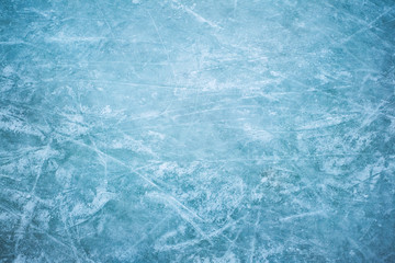 Blue ice in skate scratches, close view