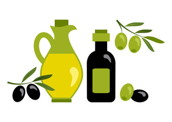 Olive oil with black and green olives. Vector illustration