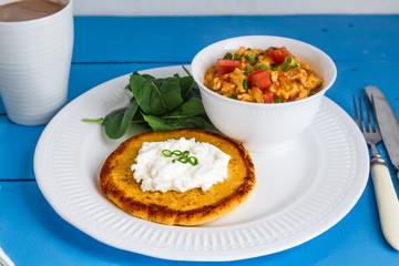 Huevos pericos or colombian scrambled egg, copy space