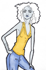 Fashion illustration of woman with white curly hair and grey skin. Yellow and blue clothing. Graphic portrait on white background. Art for poster, print or banner