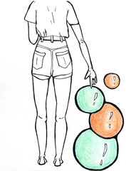 Surreal illustration of girl in the shorts standing back and touching colorful orange and green balls. Graphic drawing on white background
