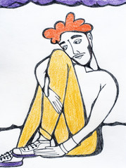 Surreal portrait of sad boy with curly orange hair sitting on the ground. Young man in the yellow pants and sneakers. Graphic illustration on white background