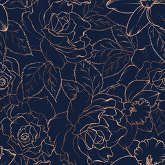 Naadloos patroon met rozen en narcissen op donker. Vector illustratie.