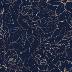 Foto op Plexiglas Rozen Naadloos patroon met rozen en narcissen op donker. Vector illustratie.