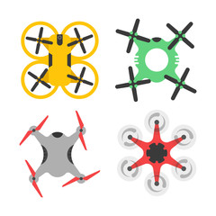 Set drones and different quadcopter flat view from the top isolated 