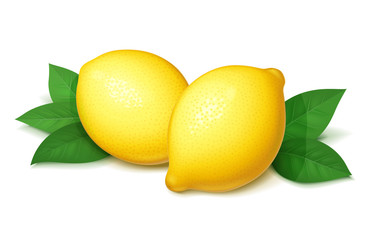 Ripe, juicy lemon with green leaf. Realistic tropical fruit.