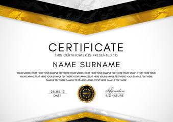 Certificate template with geometry frame and gold badge. White background design for Diploma, certificate of appreciation, achievement, completion, of excellence, award
