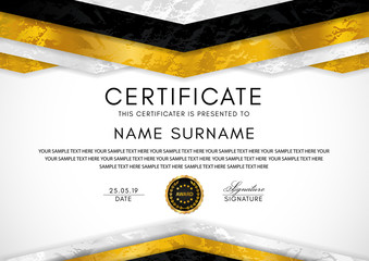 Certificate template with geometry frame and gold badge. White background design for Diploma, certificate of appreciation, achievement, completion, of excellence, award