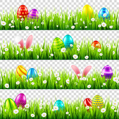 Easter eggs on grass with bunny rabbit ears set. Spring holidays in April. Sunday seasonal celebration with egg hunt.