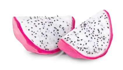 slice of Ripe Dragon fruit, Pitaya or Pitahaya isolated on white background, fruit healthy concept