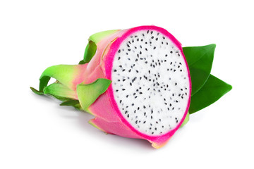 half of Ripe Dragon fruit, Pitaya or Pitahaya with leaves isolated on white background, fruit...