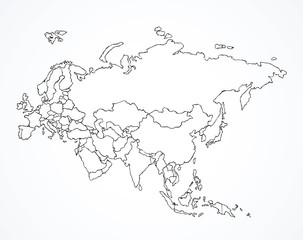 Eurasia. Continent with the contours of the countries. Vector drawing
