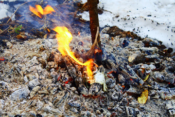 A burning fire on the snow. Close-up. Background.