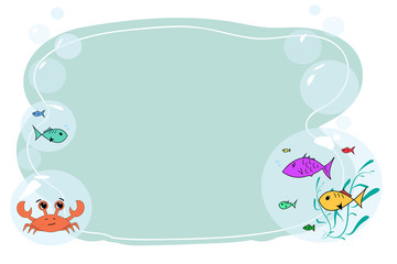 Fototapeta na wymiar Form for text and notes with a cartoon crab and fish. Vector blank for a banner on the marine theme. Form for notes with crab and fish. Vector baby frame for your text. School frame for text.