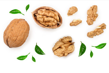 Walnuts with leaf isolated on white background. Top view. Flat lay
