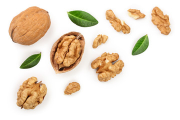 Walnuts with leaf isolated on white background with copy space for your text. Top view. Flat lay