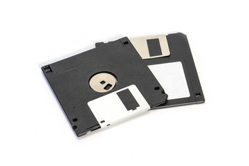 Floppy disk 3.5 inch isolated on white backround. Two vintage computer diskette back and front view.