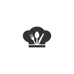 Chef`s cap with fork, spoon and knife cooking concept vector monogram. Chef cap isolated kitchen icon.