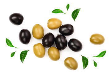 Green and black olives isolated on a white background. Top view. Flat lay