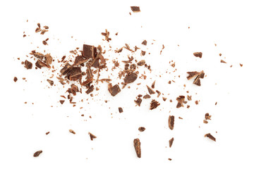 grated chocolate isolated on white background. Top view - obrazy, fototapety, plakaty