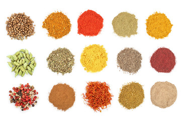 mix of spices isolated on a white background. Top view. Flat lay. Set or collection