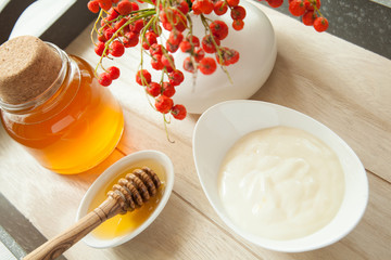 Fresh honey and natural milk yogurt served in white porcelain dishware