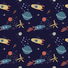 Vector seamless pattern on the theme of space, in soft colors, with stars,  planets and rockets. Hand drawn, simple flat style. 
