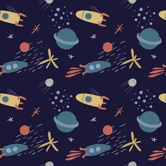 Fototapete Kosmos Vektornahtloses Muster zum Thema Weltraum, in sanften Farben, mit Sternen, Planeten und Raketen. Handgezeichneter, einfacher flacher Stil.