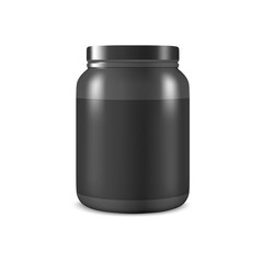 Vector Realistic 3d Black Plastic Jar, Can with Lid Closeup Isolated on White Background. Design Template of Whey Protein, Sport Powder, Vitamins, BCAA, Pills, Caps for Mockup. Front View