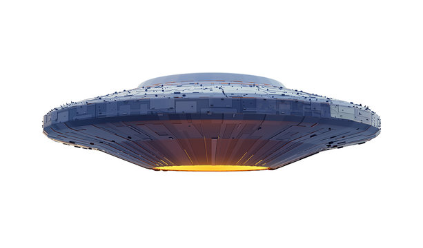 UFO, alien spaceship with extraterrestrial visitors, flying saucer (3d space rendering isolated on white background)