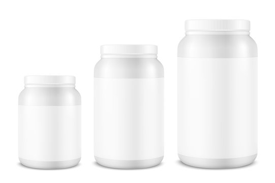 Realistic protein powder container mockup - white plastic jar