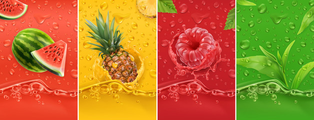 Juicy and fresh fruit. Watermelon, pineapple, raspberry, tea. Dew drops and splash. 3d vector realistic set. High quality 50mb eps
