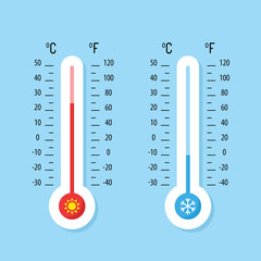Naklejka premium Celsius and Fahrenheit thermometers. Thermometer equipment showing hot or cold weather - stock vector