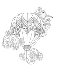 hot air balloon in zentangle inspired doodle style isolated on white. Coloring book page for adult and older children.