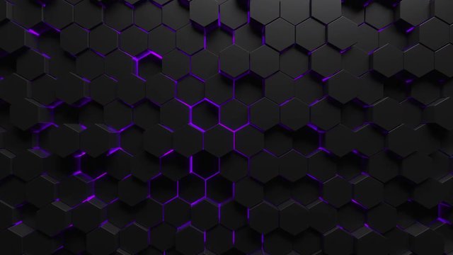 Abstract technological background made of black hexagons with purple glow. Seamless loop