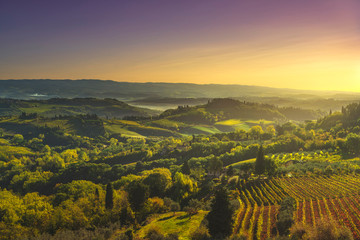 Fototapeta premium Panoramic view of countryside and chianti vineyards from San Gimignano. Tuscany, Italy