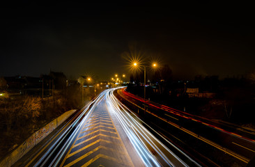 The car light trails in the city, view from the bridge, Brno, Czech Republic